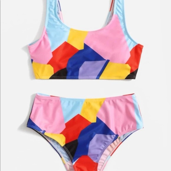 Tropical colorblock scoop neck wireless bra high waist bikini swimsuit Sz S - Picture 3 of 5